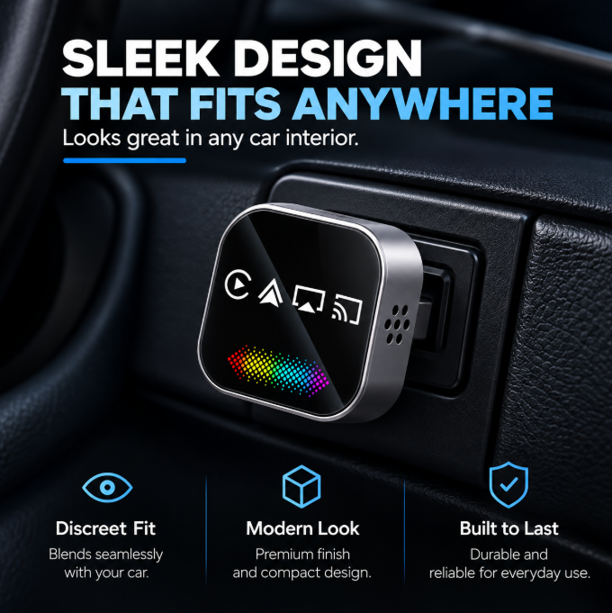 CarLync beside a phone showing CarPlay and Android Auto support